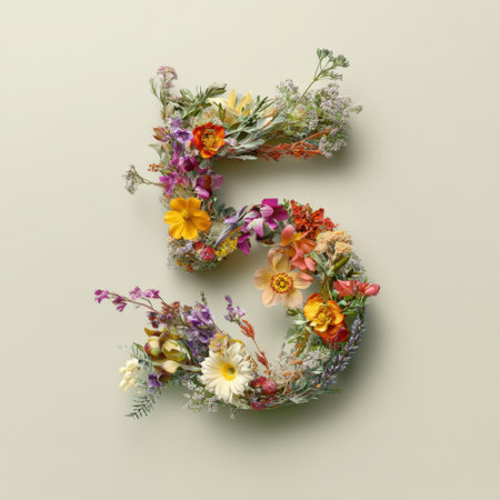 A vibrant floral arrangement in the shape of the number five, ideal for spring-themed designs. This colorful artwork brings joy and beauty, perfect for decorations.の素材