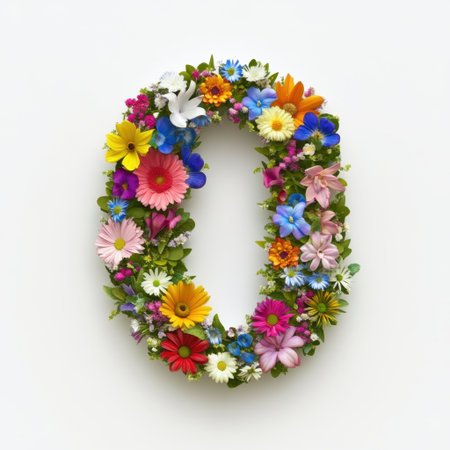 A vibrant floral wreath shaped like the number zero, featuring various colorful flowers against a clean white background, perfect for celebrations and events.の素材