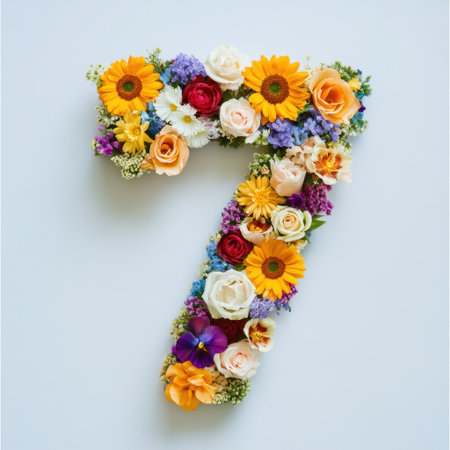 A striking floral arrangement featuring the number seven, crafted with vibrant flowers in various colors. Perfect for celebrations and special occasions.の素材