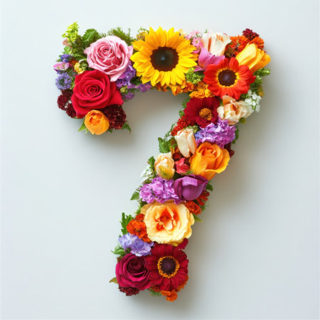 A vibrant arrangement of various flowers creatively shaped into the number seven, perfect for celebrations, events, or unique decorations.の素材