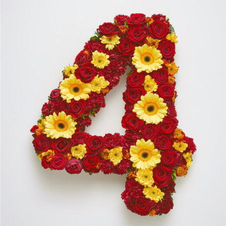 Vibrant floral arrangement featuring number four crafted from red roses and yellow daisies, perfect for celebrations, events, or seasonal decor.の素材