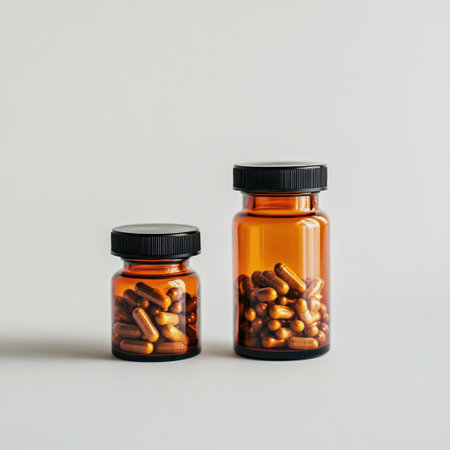 Two amber bottles sit side by side, showcasing various capsules inside. The bottles symbolize health and wellness, ideal for pharmacy or supplement themes.の素材