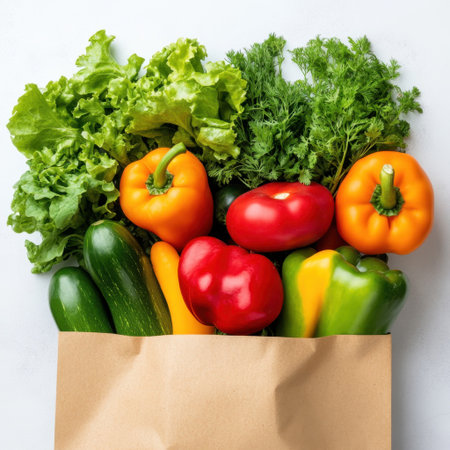 A collection of fresh, colorful vegetables including peppers, lettuce, and cucumbers arranged in a brown paper bag, representing healthy eating and organic produce.の素材