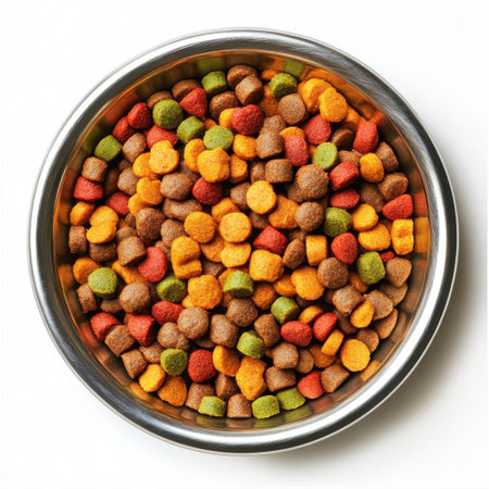 Colorful assortment of dry dog food kibble in a silver bowl, perfect for highlighting pet nutrition and vibrant feeding options for dogs.の素材