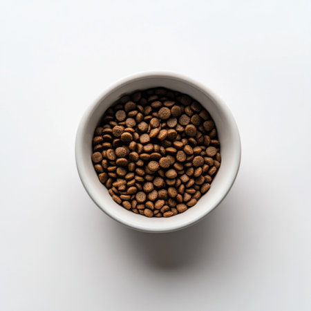 A close-up view of a white bowl filled with brown dry pet food, perfect for both cats and dogs, showcasing the nutritious kibble on a clean white background.の素材