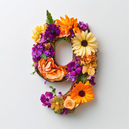 Stunning floral arrangement in the shape of number nine featuring a mix of vibrant flowers. Perfect for spring celebrations, events, or home decor.の素材