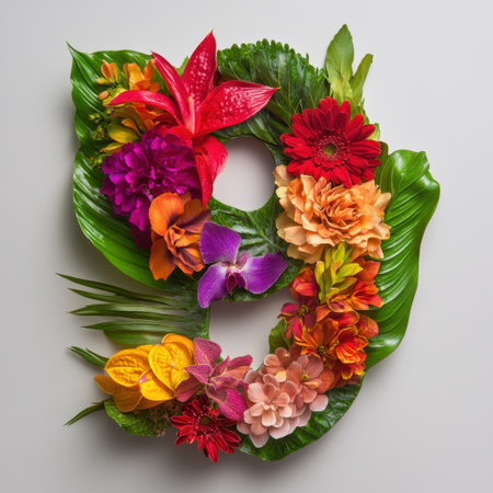 A vibrant and colorful floral arrangement creatively shaped like the number eight, featuring a mix of tropical flowers and lush green leaves, ideal for celebrations.の素材