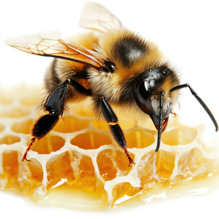 This striking close-up image features a bee perched on honeycomb, showcasing the intricate details of its wings and the golden honey droplets. A perfect nature shot!の素材