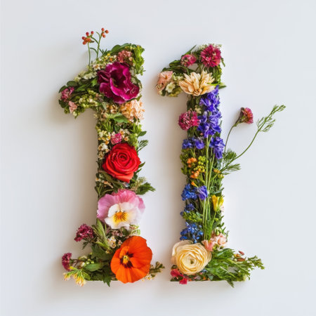 A stunning floral arrangement featuring the number eleven, crafted from vibrant flowers and rich greenery, perfect for various celebrations and events.の素材