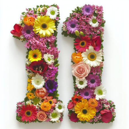 A vibrant floral arrangement depicting the number one, perfect for celebrations, events, and special occasions. Bright colors and fresh flowers bring joy and beauty.の素材