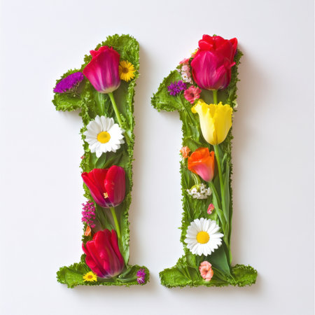 A beautiful floral arrangement showcasing the number eleven, adorned with vibrant flowers and lush greenery, perfect for celebrations or artistic displays.の素材