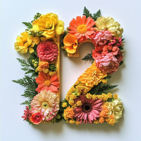 A vibrant floral arrangement in the shape of the number twelve, featuring a variety of bright blossoms and lush greenery, perfect for celebrating special occasions.の素材