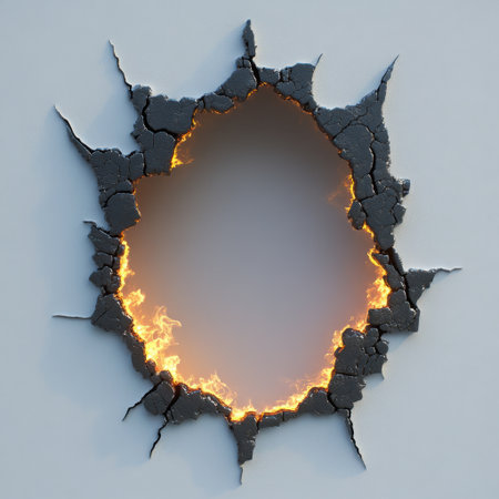 A striking image of a cracked wall revealing flames emerging from a hole, symbolizing destruction and energy. Ideal for creative projects and backgrounds.の素材