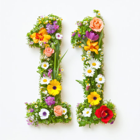 A vibrant and artistic representation of the number eleven adorned with a variety of colorful flowers and lush greenery, perfect for decorations or events.の素材