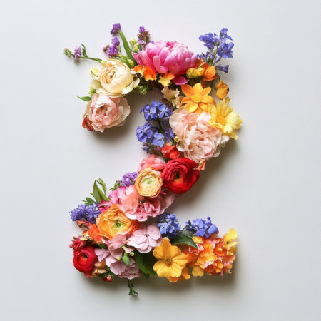 A stunning floral arrangement creatively forming the number two, showcasing a variety of vibrant flowers in full bloom, perfect for celebration or decor.の素材