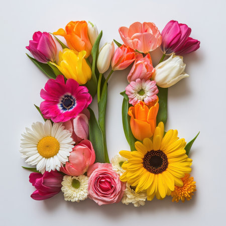 Beautiful floral arrangement showcasing a variety of colorful flowers on a light background. Ideal for spring themes, weddings, or art projects.の素材