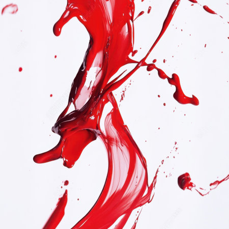 A dynamic splash of vivid red paint captures the essence of creativity and energy, showcasing fluid movement and abstract beauty for artistic projects.の素材
