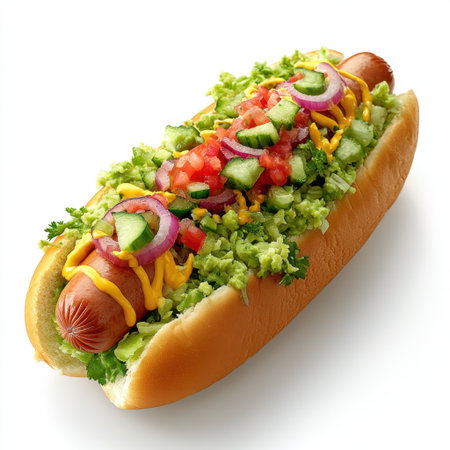 This vibrant hot dog features a juicy sausage nestled in a soft bun, topped with fresh vegetables and sauces. Perfect for gatherings and summer outings.の素材