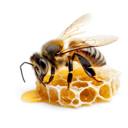 This stunning close-up captures a bee perched on a honeycomb dripping with honey, showcasing the beauty of nature and the vital role of pollinators in our ecosystem.の素材