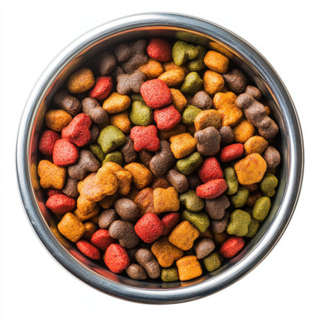 A close-up view of colorful pet food kibble in a shiny metal bowl, showcasing diverse shapes and vibrant colors, ideal for promoting healthy pet diets.の素材