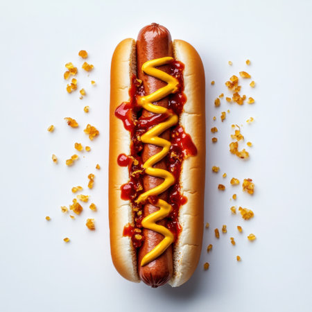 A tasty hot dog featuring a juicy sausage, topped with yellow mustard and red ketchup, served in a soft bun against a clean white background. Perfect for summer gatherings.の素材