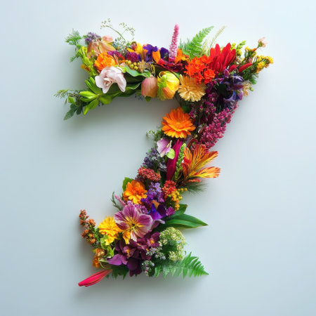 This vibrant floral arrangement features a stunning variety of flowers shaped like the number seven, creating a colorful and joyful display suitable for any celebration or decor.の素材