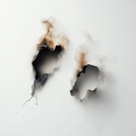 Abstract smoke patterns emerge from holes in a white wall, creating a captivating interplay of textures and contrasts. Perfect for artistic projects.の素材