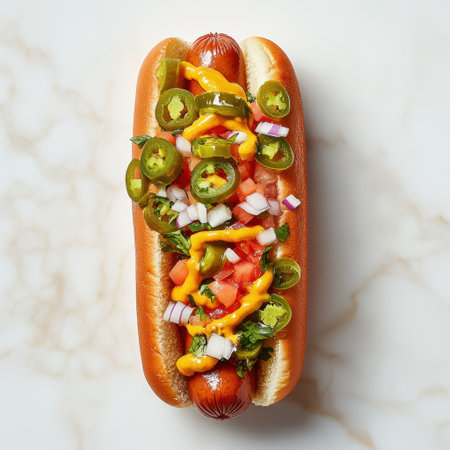This mouthwatering hot dog is topped with vibrant jalapenos, onions, and colorful tomatoes, making it an ideal snack for any casual gathering or summer BBQ.の素材