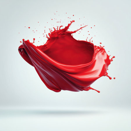 A stunning splash of vibrant red paint frozen in motion, showcasing its dynamic flow and rich texture against a soft background, ideal for creative projects.の素材