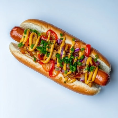 A delicious gourmet hot dog topped with mustard, ketchup, onions, and peppers, perfect for summer picnics or casual gatherings, showcasing vibrant colors and textures.の素材