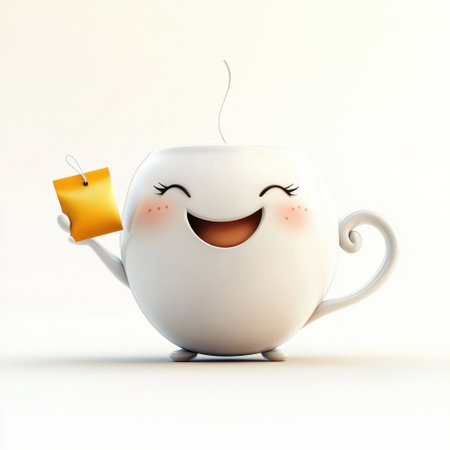 This delightful cartoon cup character showcases a joyful expression while holding a teabag. The design emphasizes fun and creativity, perfect for illustrating warmth and comfort.の素材