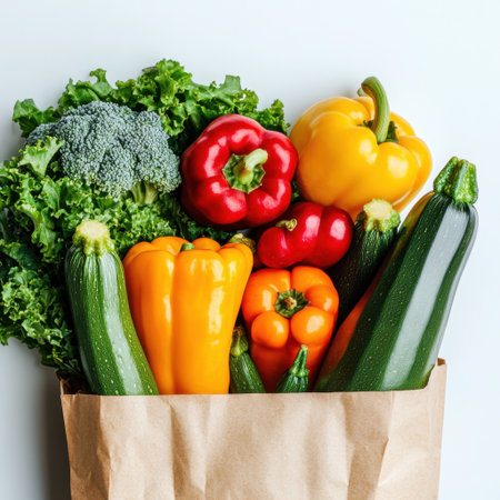A stunning assortment of fresh vegetables, including vibrant peppers and zucchinis, packed in a brown paper bag. Perfect for healthy meals and culinary inspiration.の素材