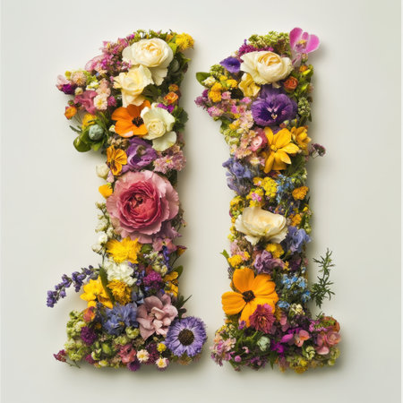 A stunning floral arrangement creates the number eleven, showcasing a vibrant mix of colorful flowers, perfect for celebrations and artistic designs.の素材