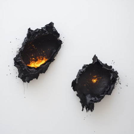 This stunning abstract artwork features a cracked black surface, revealing radiant flames within, perfect for modern decor and artistic spaces.の素材