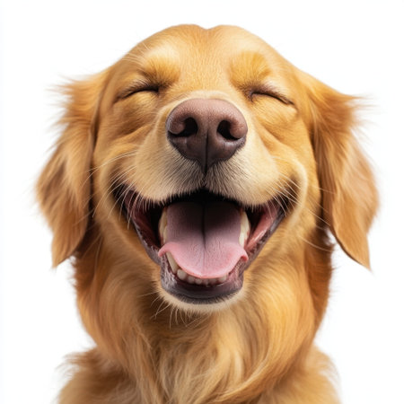 A close-up portrait of a joyful golden retriever displaying a big smile. The dog's expression reflects happiness and warmth, embodying the spirit of companionship.の素材