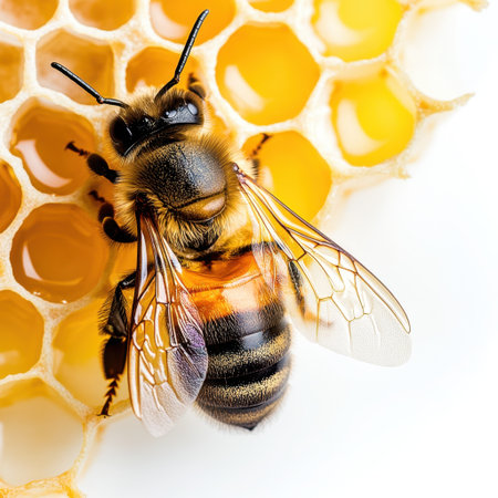 A stunning close-up of a honey bee perched on honeycomb, showcasing its detailed anatomy and the beauty of nature. Perfect for environmental themes.の素材