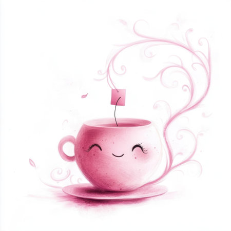A charming pink tea cup with a smiling face exudes warmth and joy. The whimsical steam adds a playful touch, perfect for tea lovers and whimsical decor.の素材