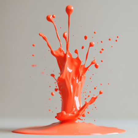 A stunning splash of coral paint captured mid-motion against a neutral backdrop, showcasing dynamic fluidity and vibrant artistry in a minimalist scene.の素材