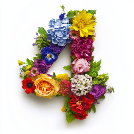 Beautiful floral arrangement in the shape of the number four. This colorful design with assorted flowers is perfect for celebrations and brightening any space.の素材