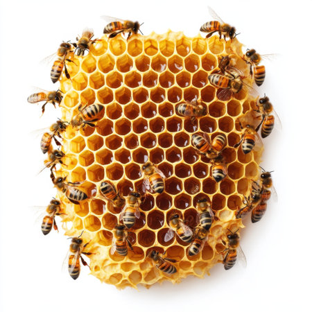 A detailed close-up of bees working on honeycomb showcases the intricate beauty of nature and essential role of pollination in agriculture.の素材