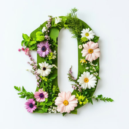 Beautiful floral arrangement forms the number zero, featuring vibrant flowers and lush greenery against a white background, perfect for invitations and decorations.の素材