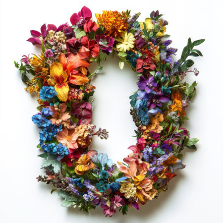 A stunning arrangement of diverse flowers forms a colorful frame, perfect for decorating spaces with natural beauty and vibrancy. Ideal for art and design projects.の素材
