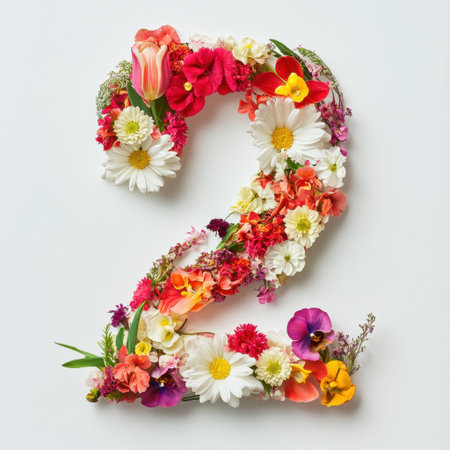 A stunning floral arrangement featuring the number two, composed of various colorful flowers and lush greenery, perfect for celebrations and artistic designs.の素材
