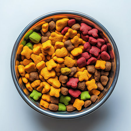 A vibrant collection of assorted pet treats in a steel bowl, featuring a mix of colorful shapes and textures. Ideal for enhancing pet nutrition and joy.の素材