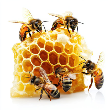 A vibrant close-up of honey bees actively working on honeycomb. The scene captures bees gathering nectar, highlighting their role in nature and agriculture.の素材