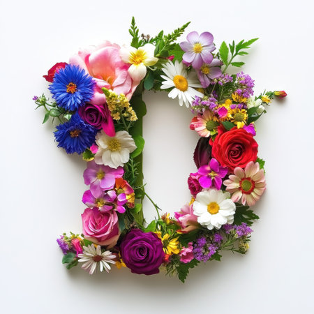 Vibrant floral arrangement showcases various colorful flowers crafted into the shape of the number zero, perfect for celebrations and events.の素材