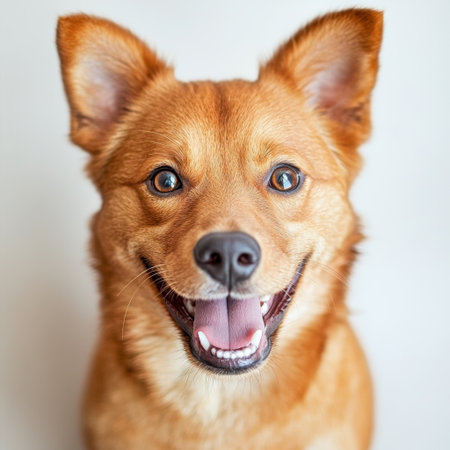 A close-up portrait of a happy and adorable dog with bright eyes and fluffy fur. This joyful canine radiates warmth and affection in a playful and friendly manner.の素材