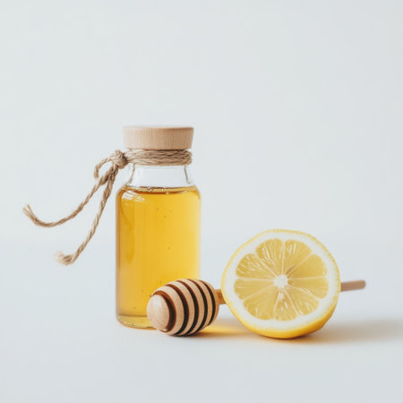 A vibrant glass bottle filled with natural honey sits beside a fresh lemon slice and wooden dipper. Perfect for healthy recipes and refreshing drinks.の素材