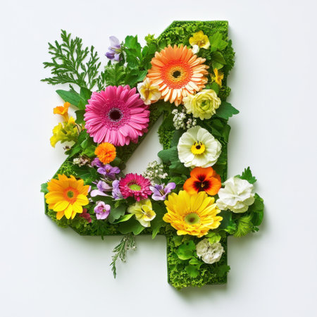 A stunning floral arrangement shaped like the number four, featuring a mix of vibrant blooms and greenery, perfect for celebrations or seasonal themes.の素材