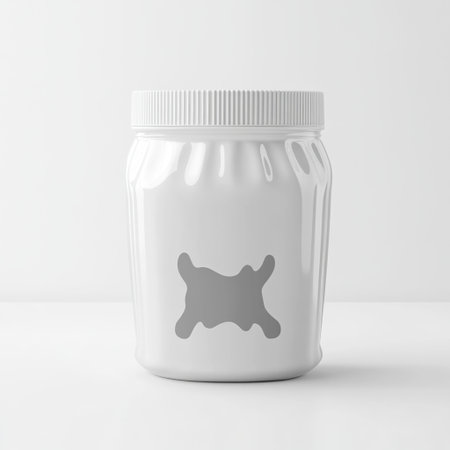 Isolated plain white jar with a screw cap on a clean background ideal for product showcasing, packaging design, or creative mockups in a minimalist style.の素材